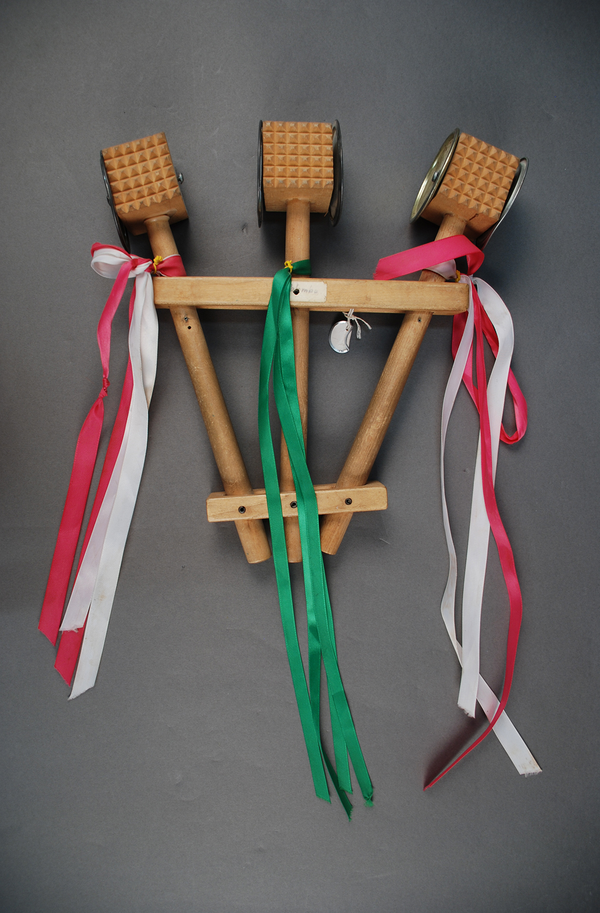 Dominic Palombo made this homemade triccheballache, a Southern Italian instrument made of wooden mallets that clack in a rhythm, 1980s. Heinz History Center Collections, gift of Anna Marie Fiori.