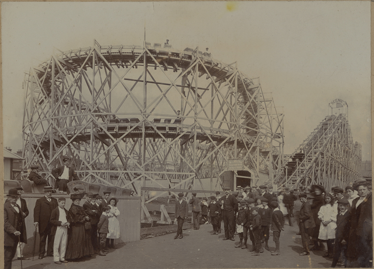 Crowds gather around a new roller coaster built by Erwin Vettel in England in the early 1900s. | Heinz History Center