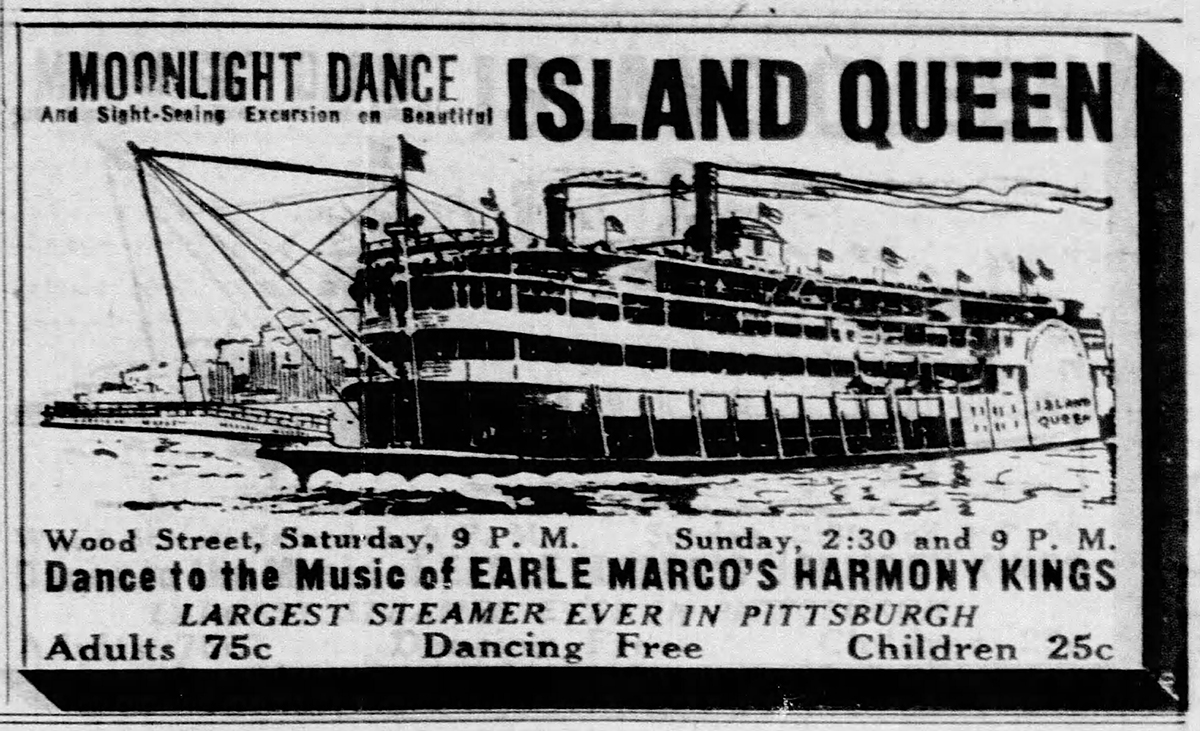 Advertisement from the Pittsburgh Press announcing the Island Queen’s first visit to Pittsburgh in 1931. From the Pittsburgh Press, Sept. 17, 1931.
