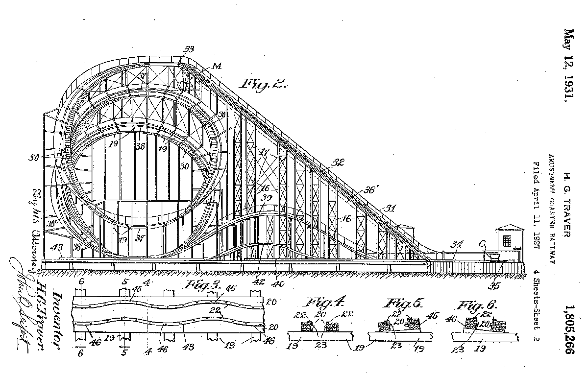 Patent drawing for an amusement coaster railway by Harry G. Travers, filed April 11, 1927. Patent drawing for an amusement coaster railway by Harry G. Travers, filed April 11, 1927. | Heinz History Center