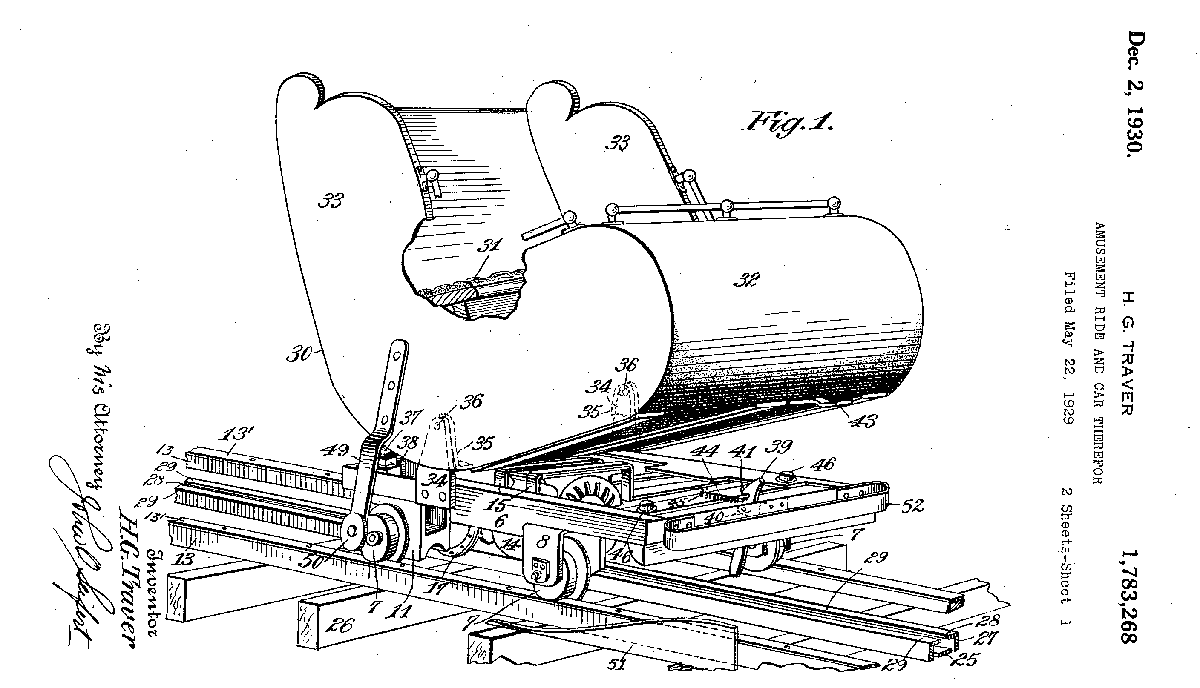 Patent drawing for an amusement ride car by Harry G. Traver, filed May 22, 1929. | Heinz History Center