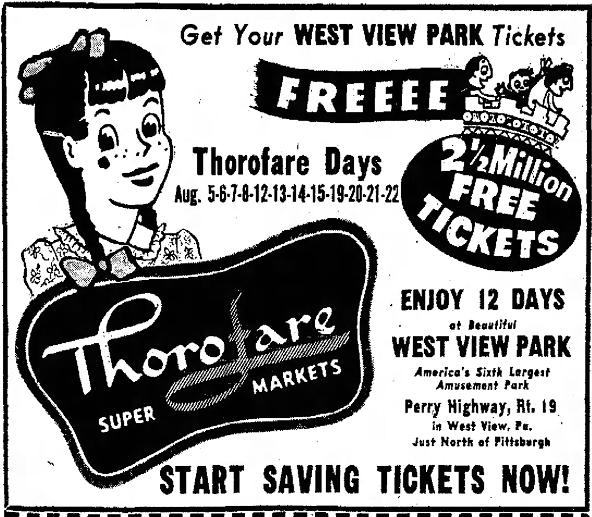 Advertisement for West View Park’s “Thorofare Day” promotion. From the Kittanning Leader Times, July 17, 1958. | Heinz History Center