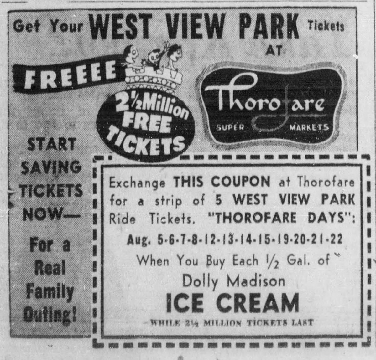 Advertisement and product coupon for West View Park’ s “Thorofare Day” promotion. From the Pittsburgh Post-Gazette, July 24, 1958. | Heinz History Center