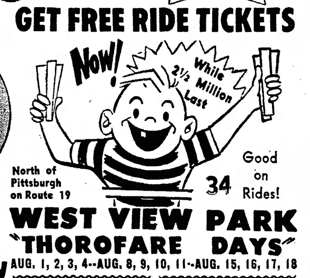 Advertisement for West View Park’ s “Thorofare Day” promotion. From the Connellsville Daily Courier, July 6, 1961. | Heinz History Center