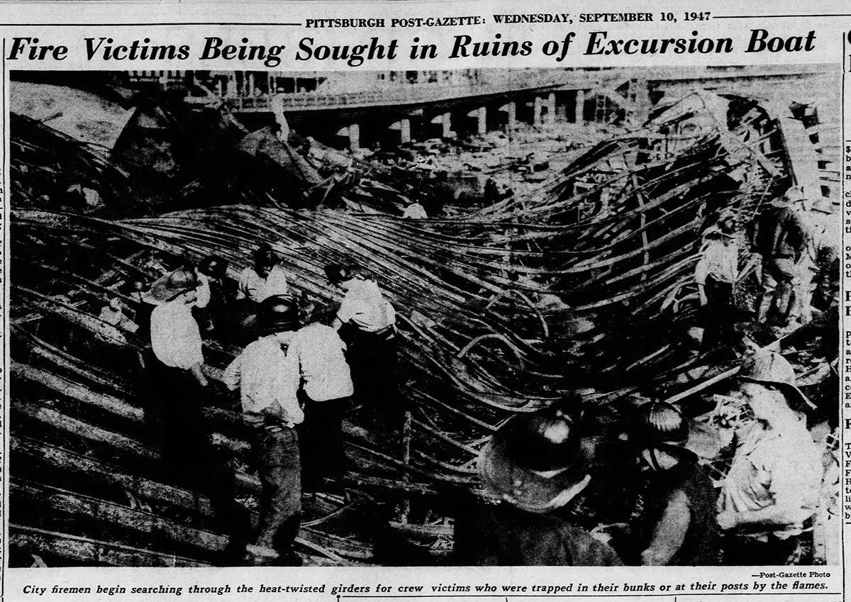 It took days for emergency personnel to retrieve all the victims of the Island Queen disaster. Pittsburgh Post-Gazette, Sept. 10, 1947.