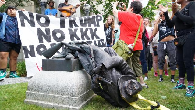 The Confederate soldier monument was toppled at the courthouse in Durham as the crowd chanted “we, we, we, are the revolution…the people united will never be defeated.”