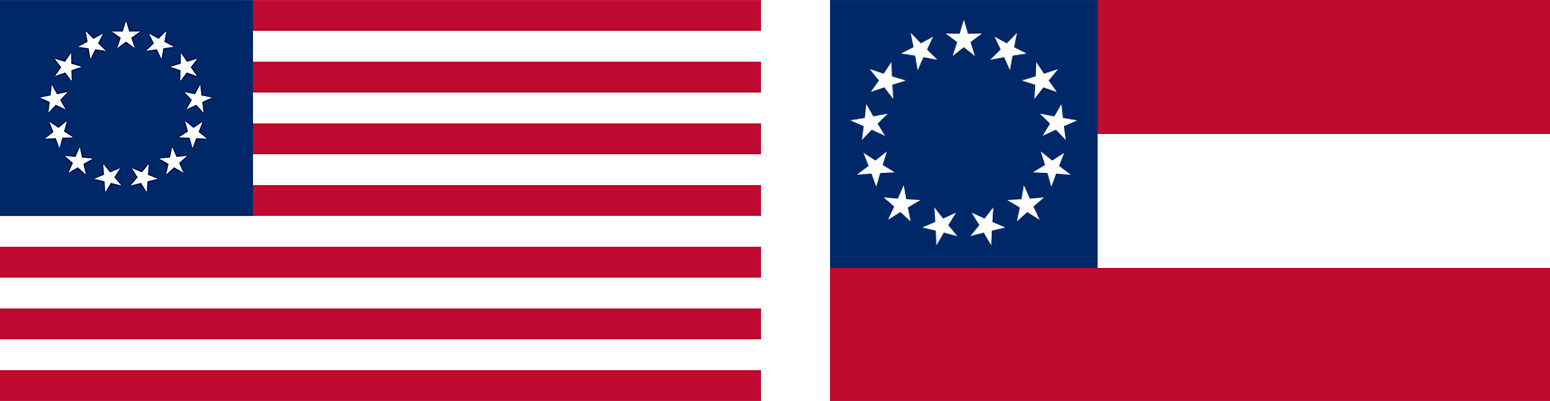 In 1776, the original Stars and Stripes (left) represented the union of states, North and South. In 1861, Confederates fabricated the Stars and Bars (right) by simply rearranging the stripes of the flag of the United States.