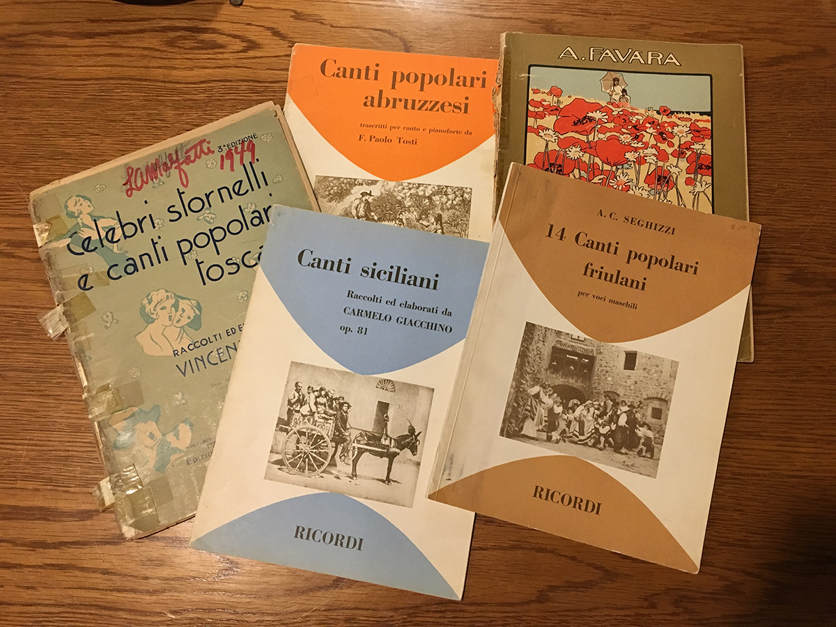 Sheet music collected by I Campagnoli former director Lorenzo Malfatti, 1960s. I Campagnoli Papers & Photographs, Detre Library & Archives at the History Center. Gift of Mary Ferro.