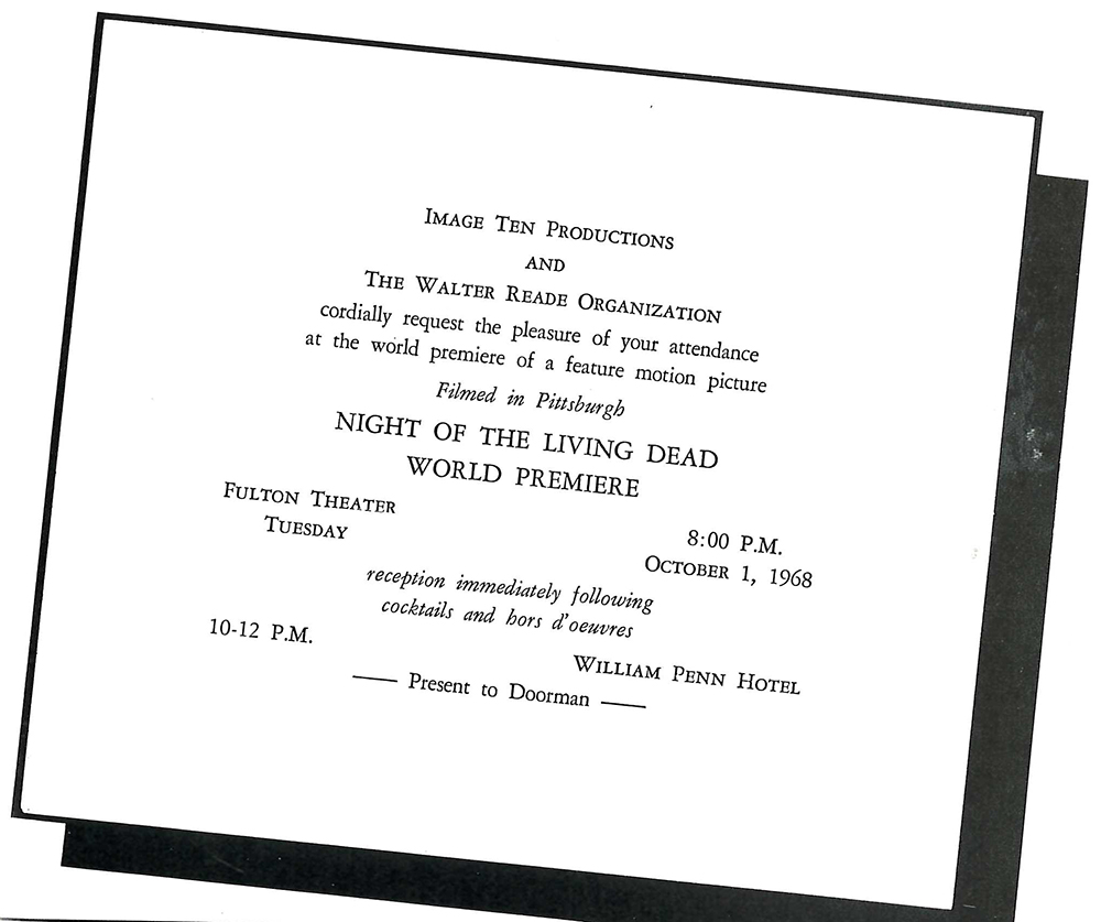 Invitation to the world premiere of "Night of the Living Dead" in Pittsburgh, Oct. 1, 1968. Image courtesy of John Russo's "The Complete Night of the Living Dead Filmbook."