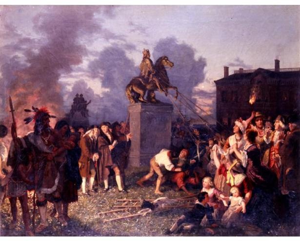 On July 9, 1776, a New York mob pulled down the statue of King George III and hammered it to pieces. (Pulling Down the Statue of George III, inspired by a painting by Johannes A. Oertel.)