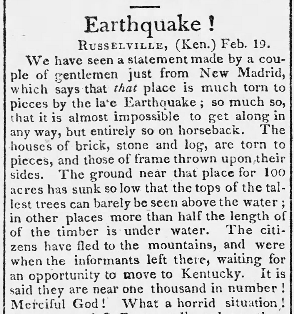 Stories about the New Madrid earthquakes appeared in newspapers across the country through the spring of 1812. Credit: From the Buffalo (NY) Gazette, April 1812.