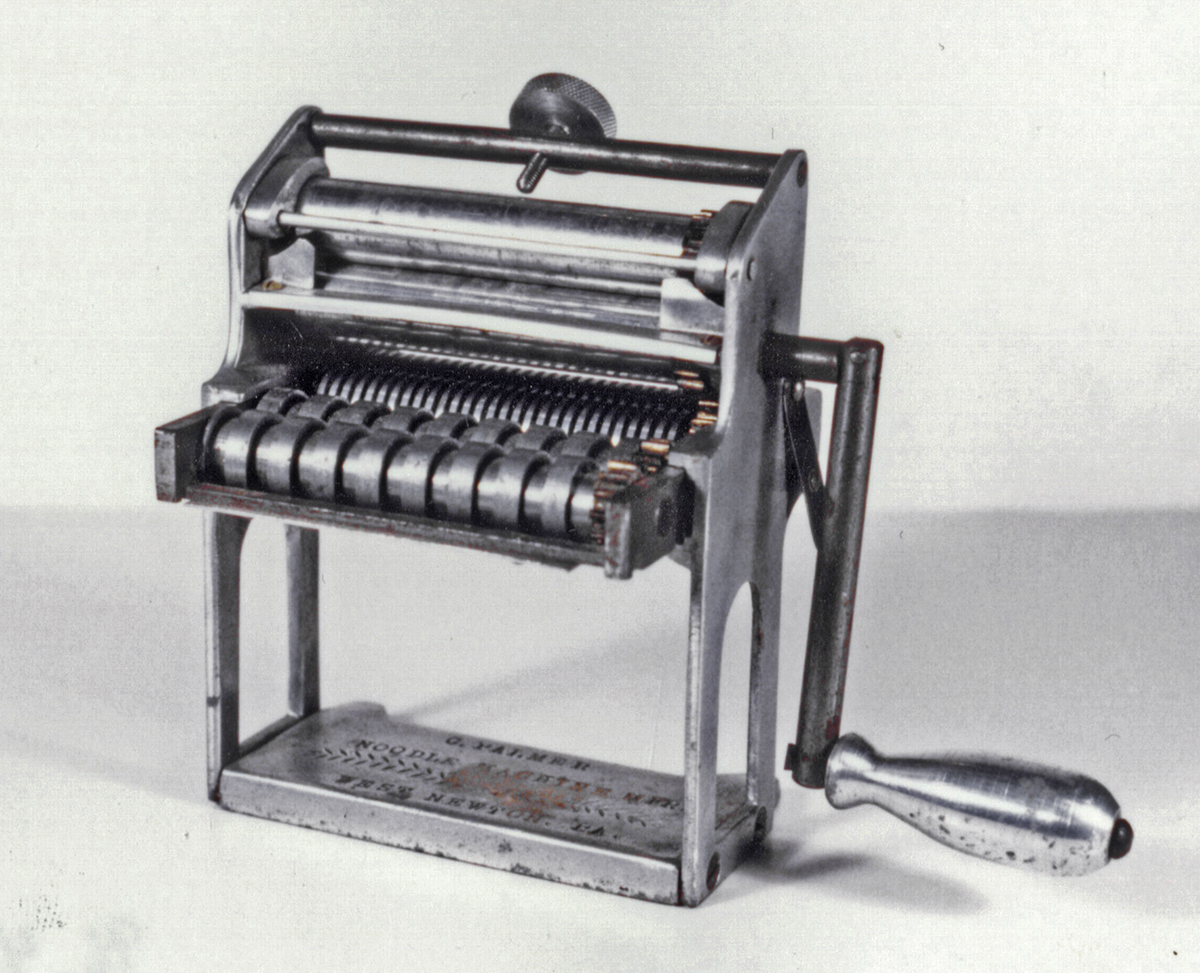 Rolled pasta, such as noodles made with a chitarra or hand-crank pasta machine, is twice as light as extruded pasta, cooks in half the time, and absorbs more sauce. Gift of Rizzi DeFabo.