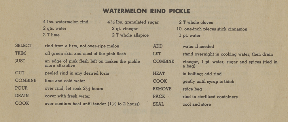 Pickled watermelon rind recipe from Duquesne Light Cookbook | Heinz History Center
