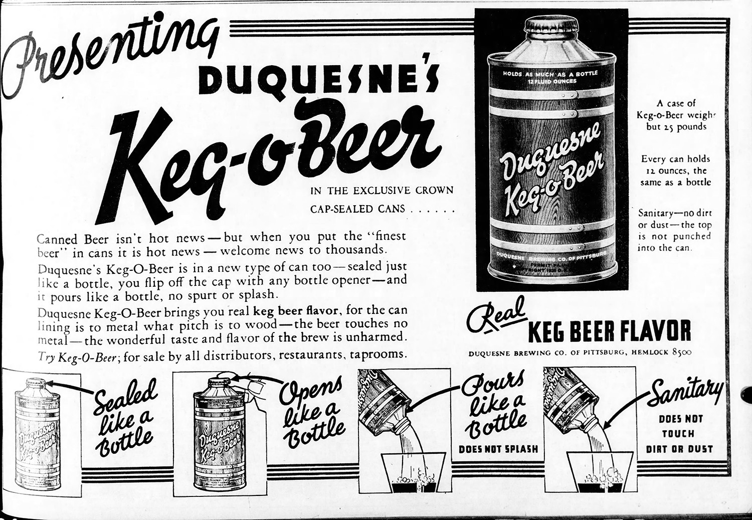 Advertisement for Duquesne Brewing Company's "Keg-O-Beer," 1935. The Pittsburgh Press, December 2, 1935.