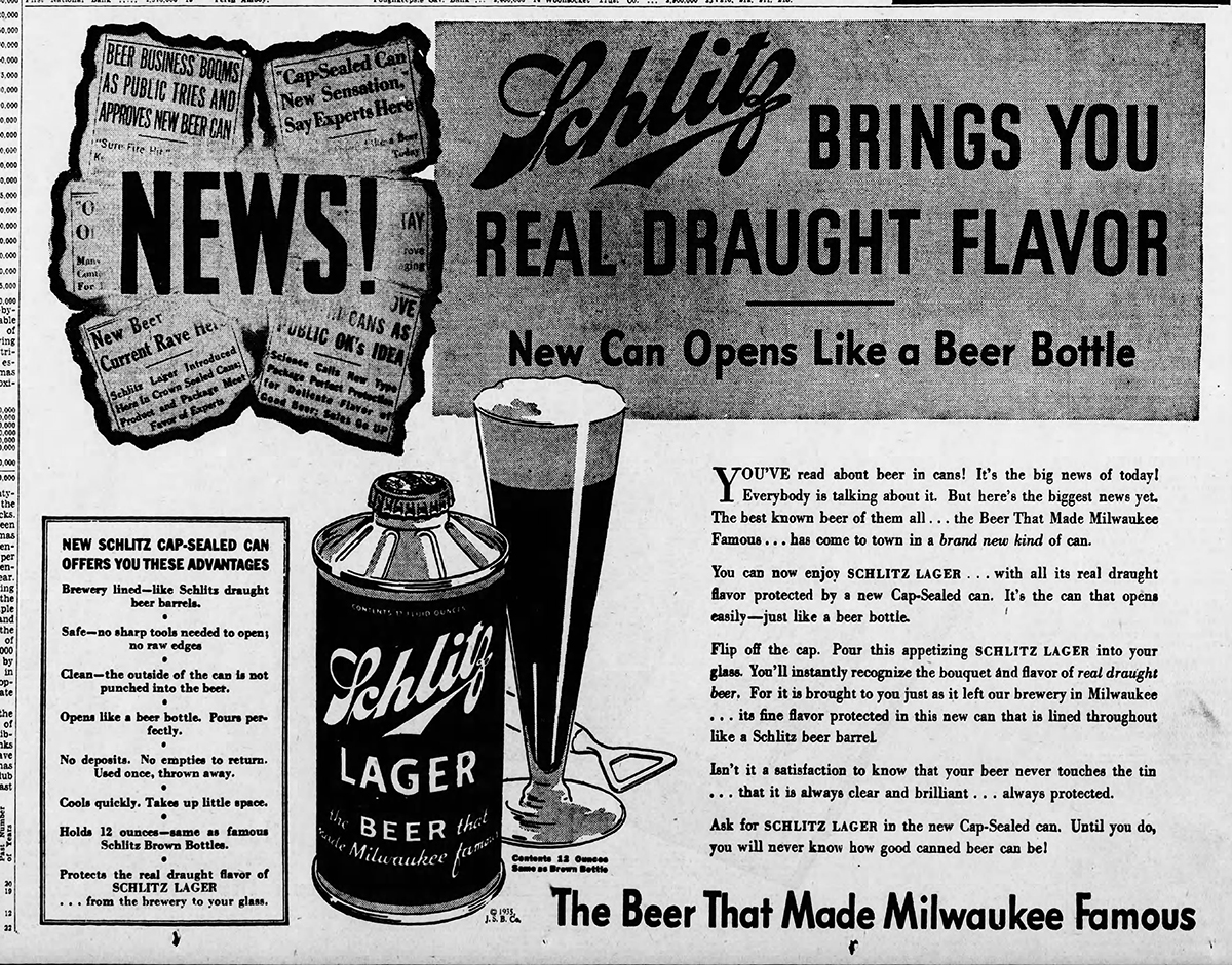 Schlitz Beer Company advertisement announcing a new kind of can in Pennsylvania, 1935. Credit: Harrisburg Telegraph, November 13, 1935.