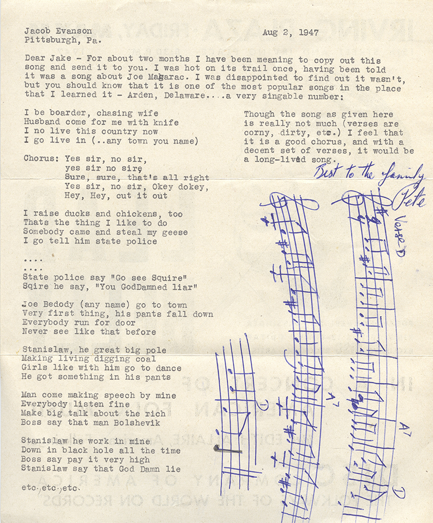 Evanson’s friend, renowned folk musician Pete Seeger, transcribed this song on the back of a Lead Belly concert flyer. Jacob A. Evanson Papers, Detre Library & Archives at the Heinz History Center.