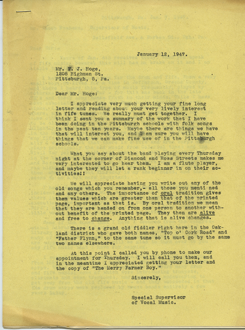 Letter Evanson wrote to T.J. Hoge, a drummer in the Pittsburgh’s Pioneer Fife and Drum Corps, about the importance of documenting old songs. Jacob A. Evanson Papers, Detre Library & Archives at the Heinz History Center.