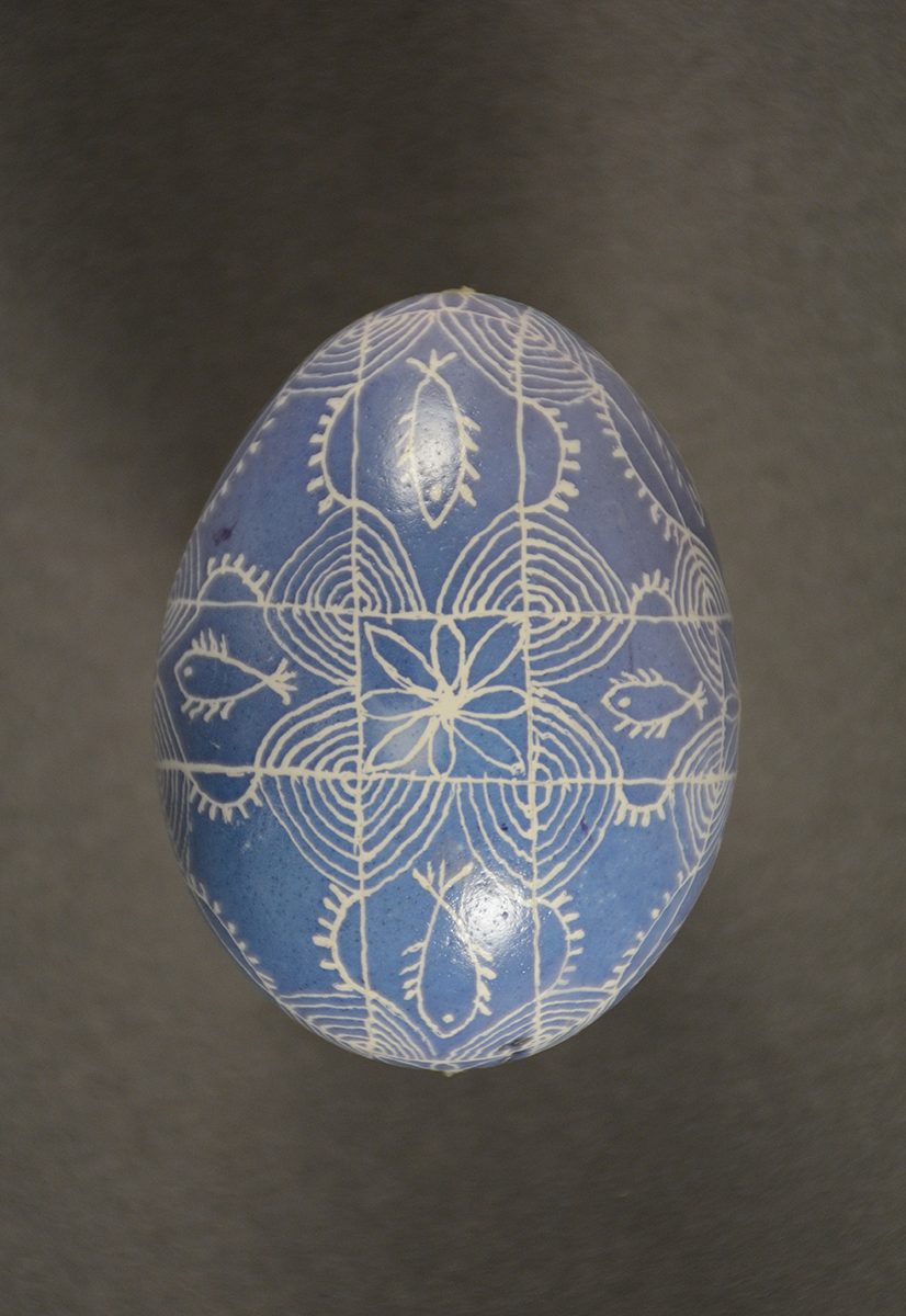 Though the patterning on this egg is traditional, the coloring is more modern. Gift of Timo Family.