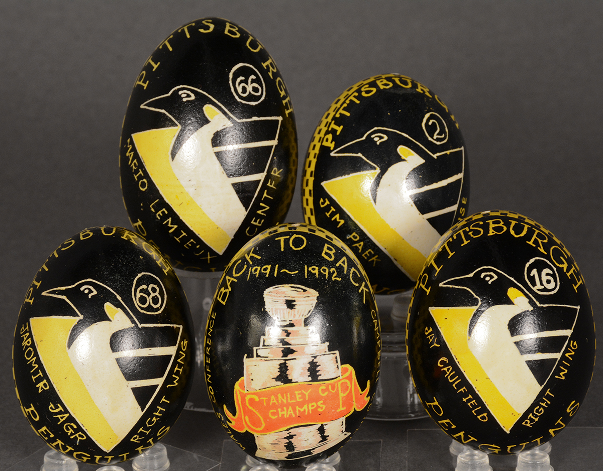 Lynda Ellis drew on her heritage to share the good luck and positive symbolism of pysanky with her sons' favorite team, the Pittsburgh Penguins. Gift of the Pittsburgh Penguins.
