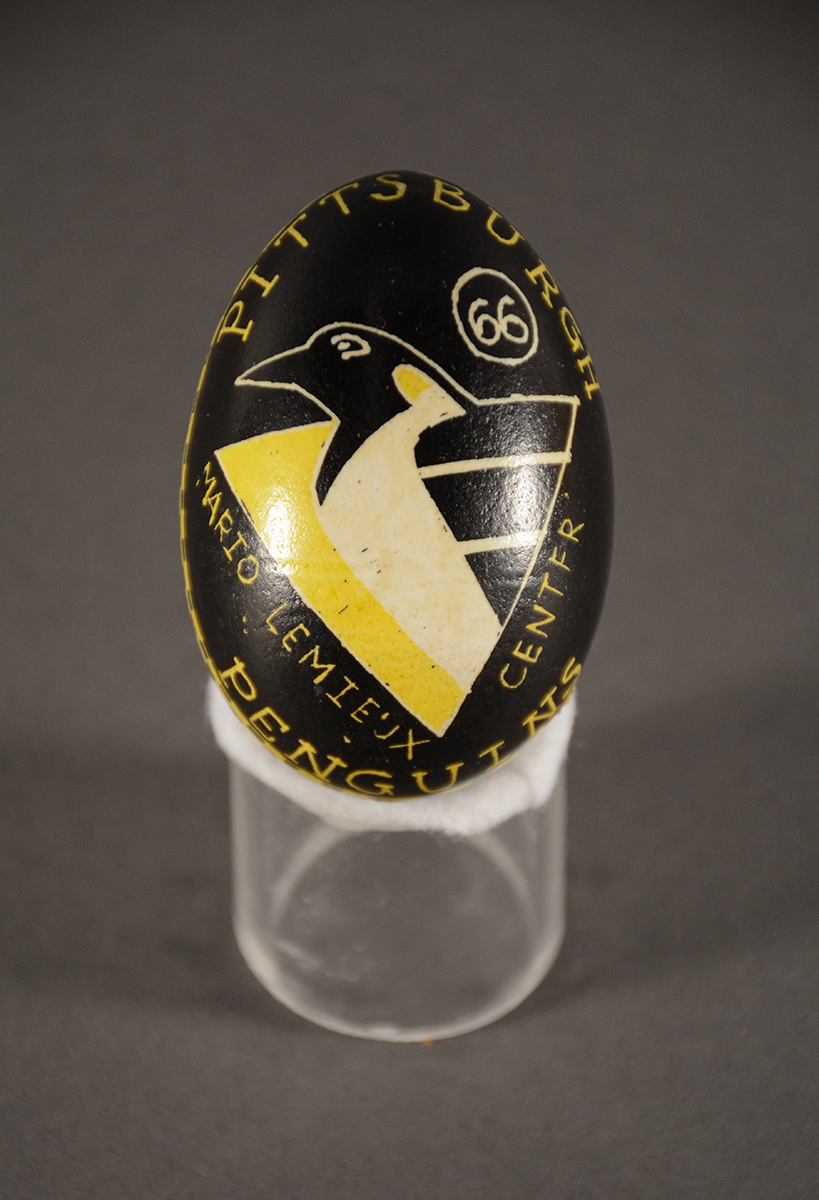 The egg for Mario Lemieux is slightly larger than the others to indicate his importance to the team. Gift of Pittsburgh Penguins.