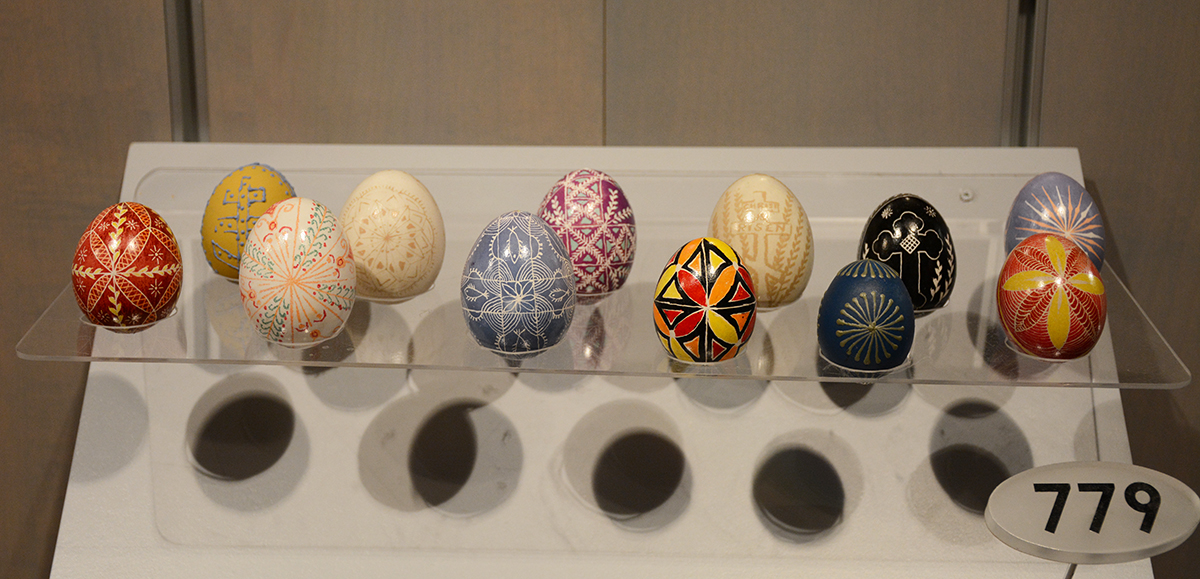 Pysanky eggs made by Helen Timo on display in the Special Collections gallery. Gift of Timo Family.