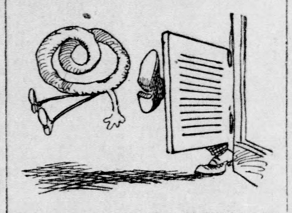 Carton depicting a pretzel being kicked out of a saloon during the “Free Lunch” debate, 1909. Pittsburgh Daily Post, March 17, 1909.