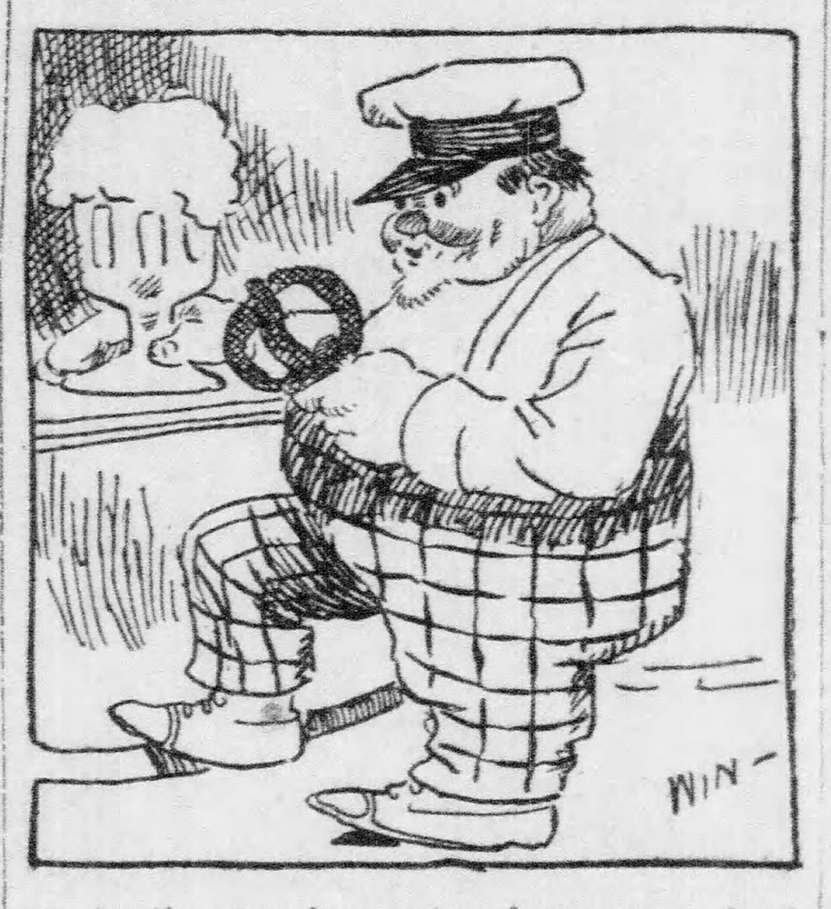 Cartoon depicting a German at the bar with his pretzel and beer, 1920. Pittsburgh Daily Post, September 8, 1910.