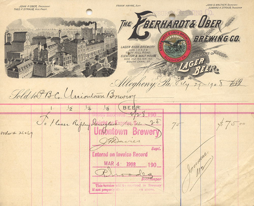 Eberhardt & Ober Brewing Co. letterhead, 1908.
