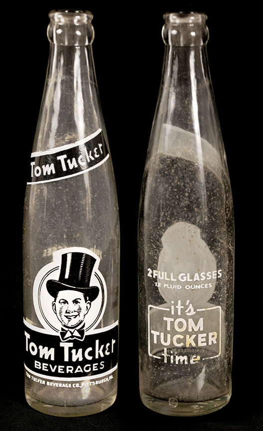 Bottle made by Glenshaw Glass, c. 1935, with a young-looking Tom on front and “It’s Tom Tucker Time” on back.