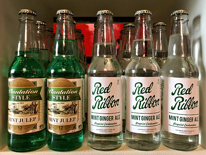 Natrona’s Mint Julep and Mint Ginger Ale: same formula but with and without green food coloring. Available in the History Center museum shop, photo by Brian Butko.