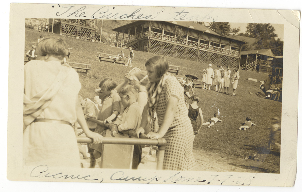 Children and adults gather to play and sunbathe in the large, central open area of Camp Horne, 1928. Camp Horne and Horne’s Building Photographs, 1996.0077, Detre Library & Archives at the History Center.