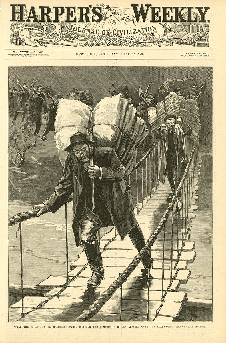 Harper’s Weekly featured relief efforts on its cover, June 15, 1889. Bissell Family collection, Detre Library & Archives at the History Center.