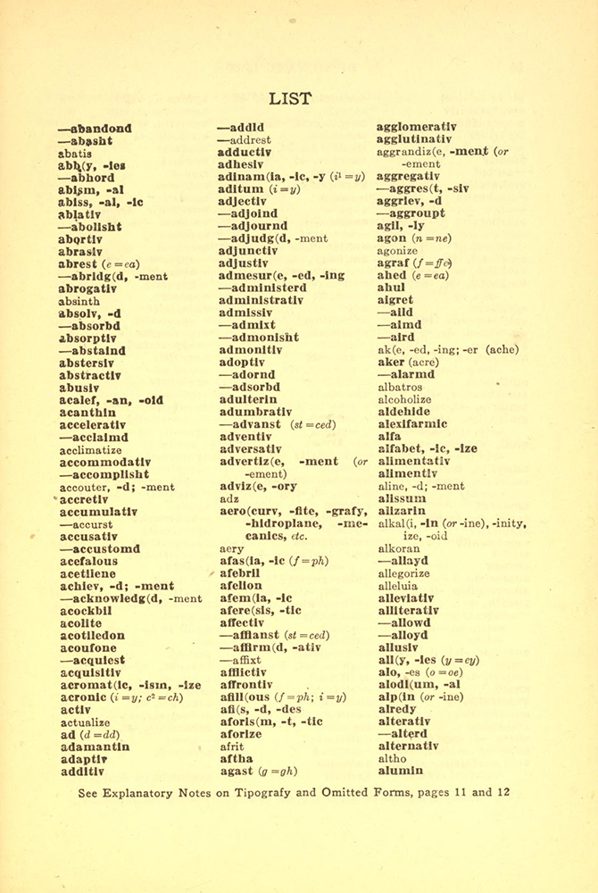 The first page of a 36-page dictionary of “simplified” words in the Handbook. From the Internet Archive.