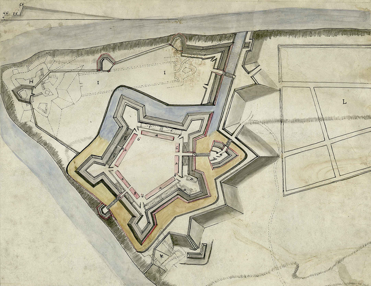 Bernard Ratzer's 1761 Map of Fort Pitt, showing the outlines of Fort Duquesne and Mercer's Fort, courtesy of the Darlington Digital Library, University of Pittsburgh.