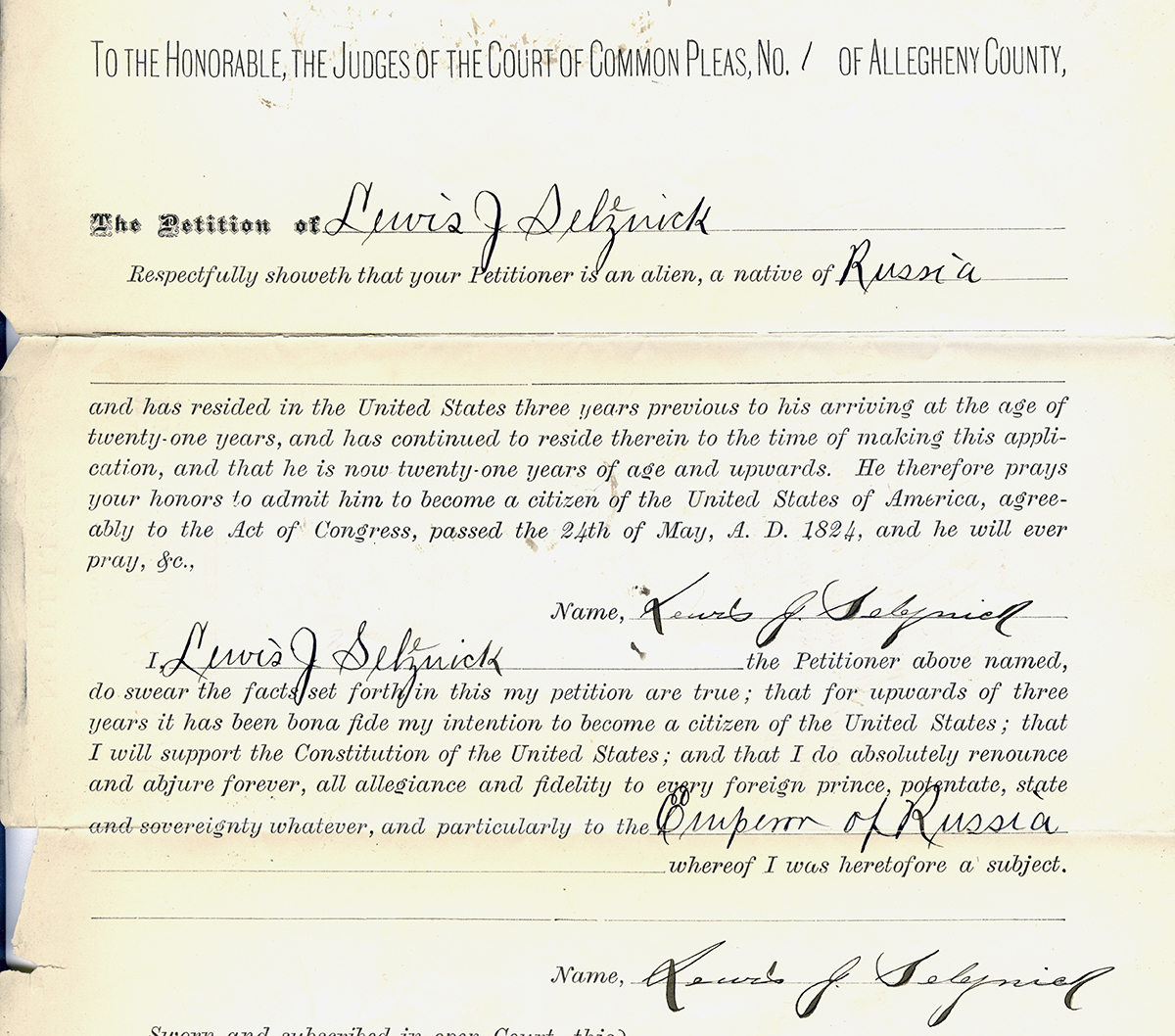Lewis J. Seleznick’s Petition for Naturalization, Allegheny County Court of Common Pleas, September 29, 1894. Courtesy of Suzanne Johnston and the Western Pennsylvania Genealogical Society.