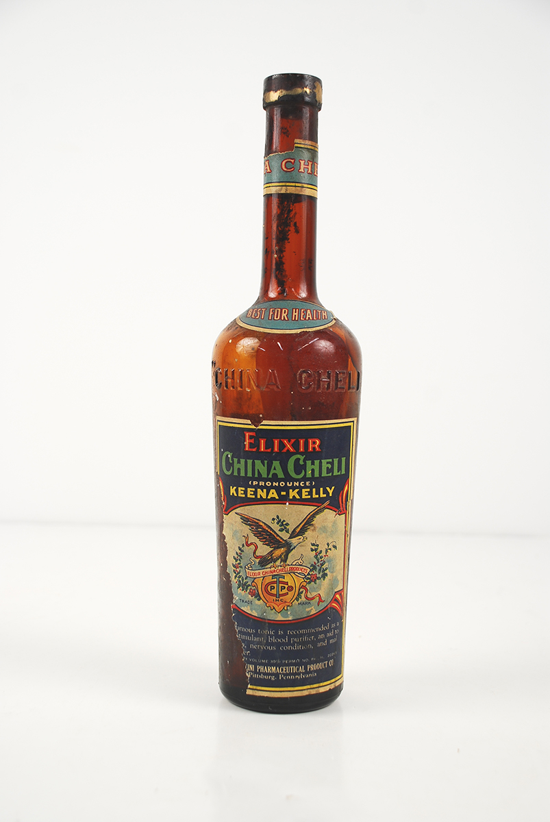 China Cheli is a bitter liqueur similar to Amaro made with Cinchona Caliyasa bark, also known as Quinine (or “China” in Italian shorthand). From 1927 to 1930, Fred C. Tambellini owned Tambellini Pharmaceutical Company, which produced this alcoholic elixir and marketed as a medical tonic for nervous conditions (among other ailments). Gift of Joseph D’Andrea.