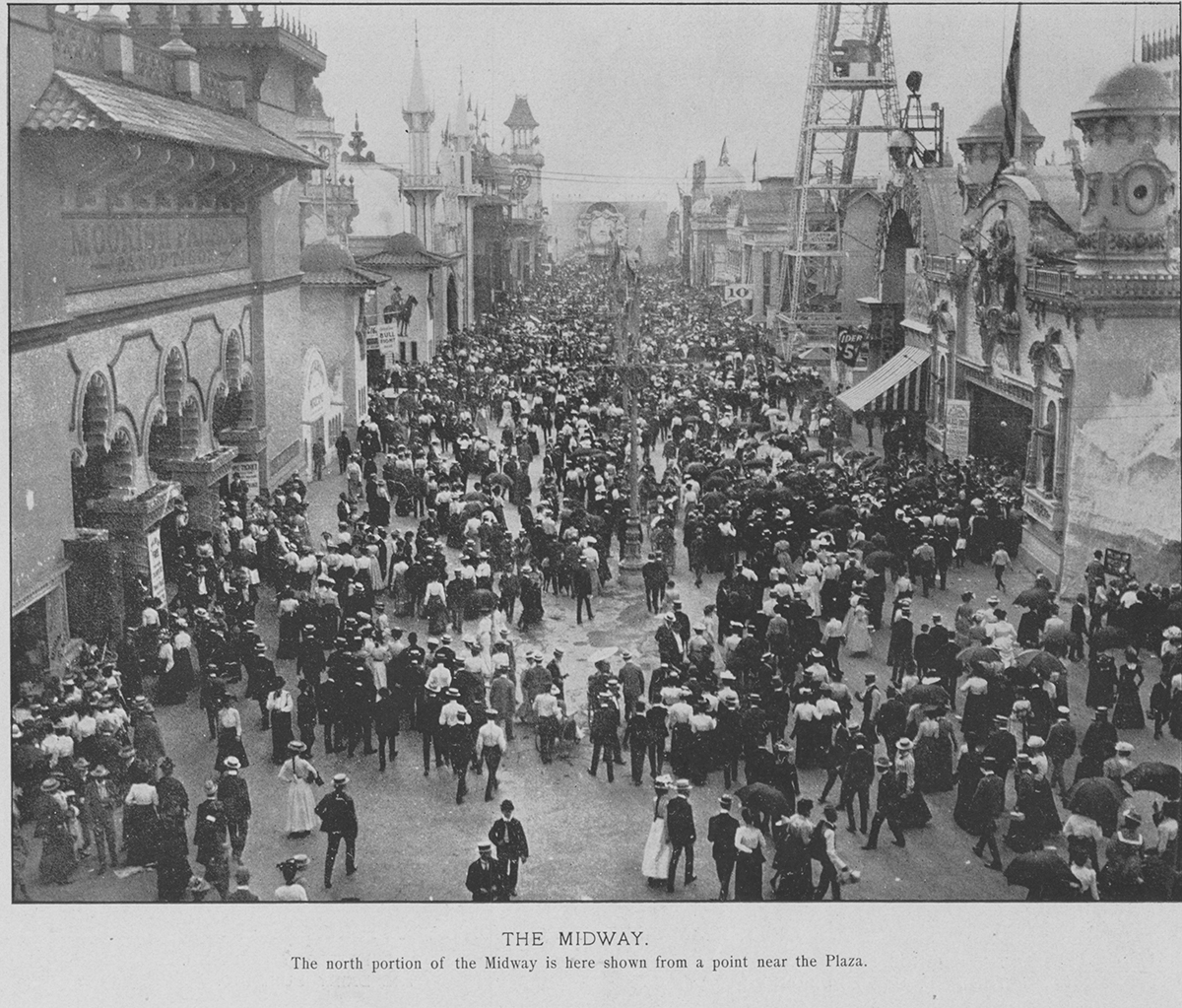 Crowds enjoy the midway at the Pan-American Exposition, 1901. “A Trip to the Moon” would have been somewhere on the right side of the row.