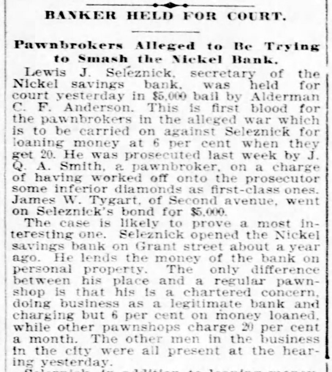 Headline from Nickel Savings Bank court case, 1897. Pittsburgh Daily Post, April 1, 1897.