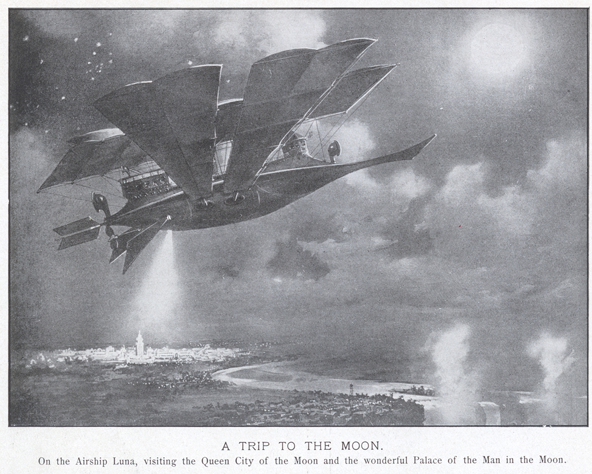 An illustration of the journey offered by the ride, “A Trip to the Moon,” 1901.