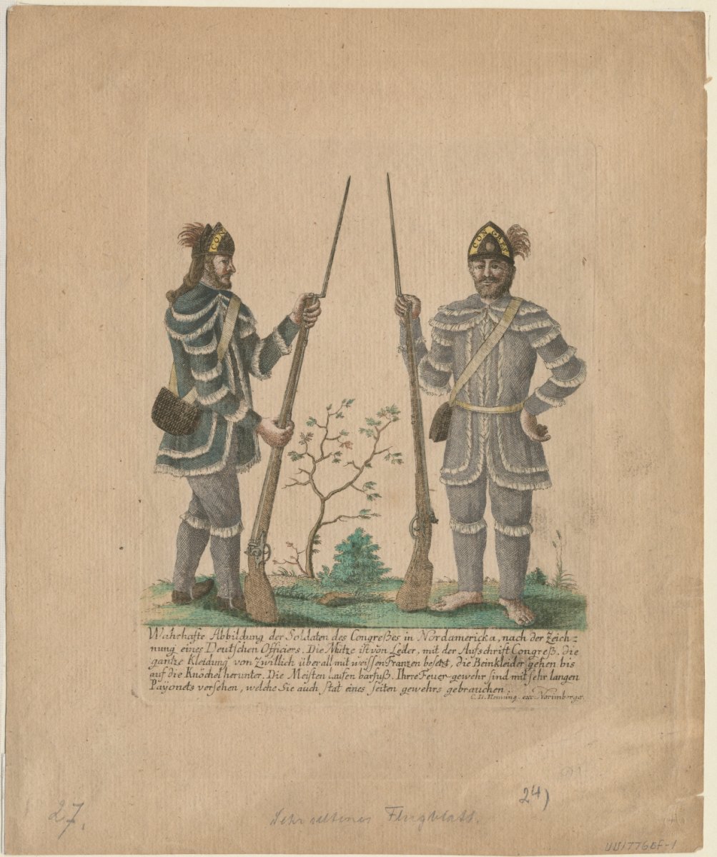 Difficulties between Continental forces and their Indian neighbors were due in large part to transgressions by frontier soldiers, shown here in a German engraving. Anne S.K. Brown Collection, Brown University.