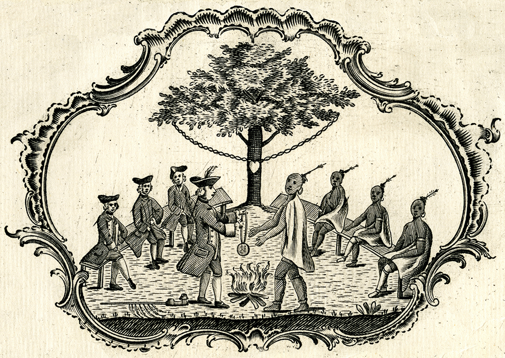 Detail of a certificate distributed by Sir William Johnson c. 1770, showing a treaty negotiation. The symbolic “Chain of Friendship” is shown in the background.