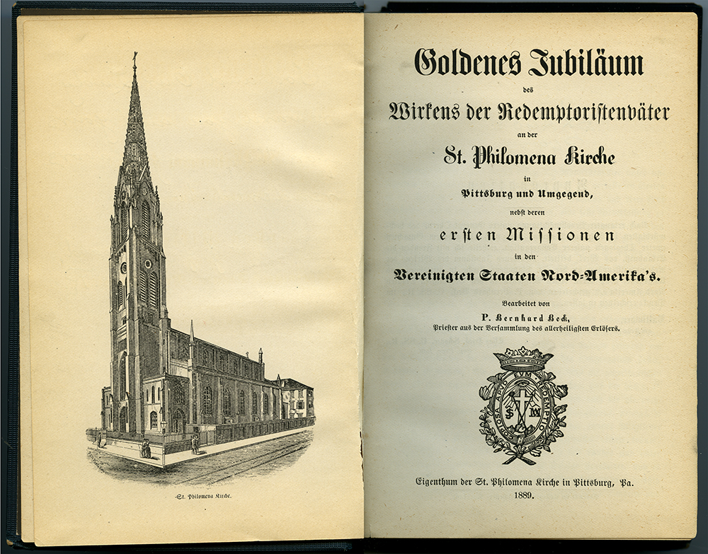The original St. Philomena Church in the Strip District was the first ethnic German congregation in Pittsburgh, established in 1839. Golden Jubilee celebration of the second church building, 1899, Detre Library & Archives at the History Center.