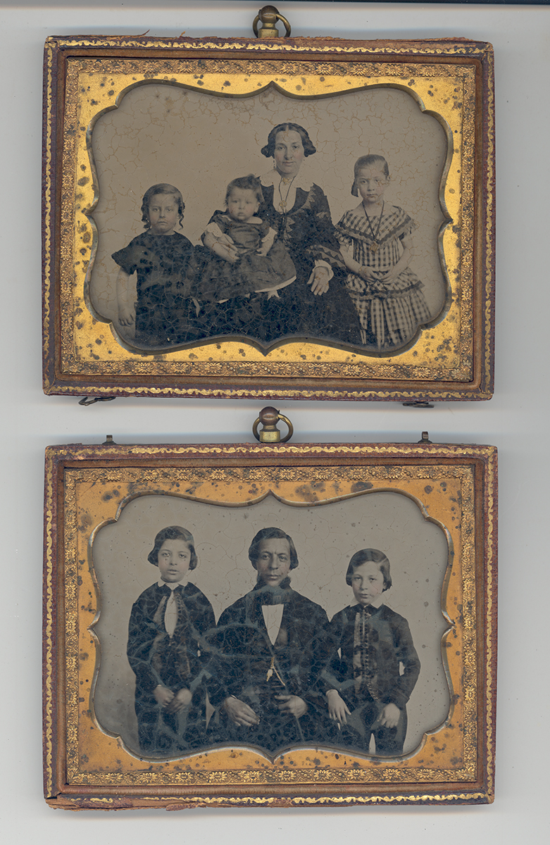 German Jewish immigrants Pauline Frank (top) and her husband William Frank (bottom) pose with their children, c. 1850s.