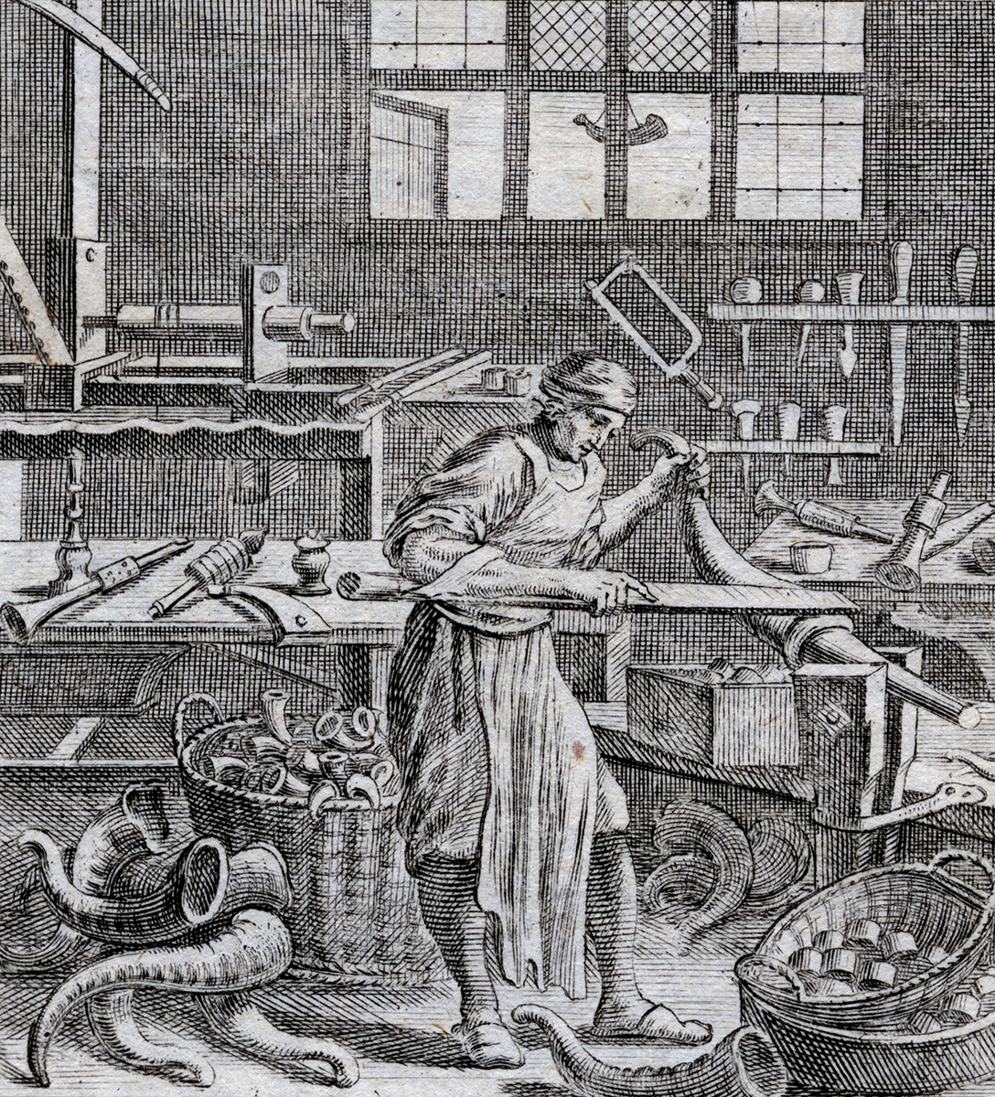 Horners used vast quantities of horns to produce a wide variety of finished goods. This Germanic engraving from the late 17th century illustrates tools and techniques that would have been familiar to many American craftsmen. Private collection.