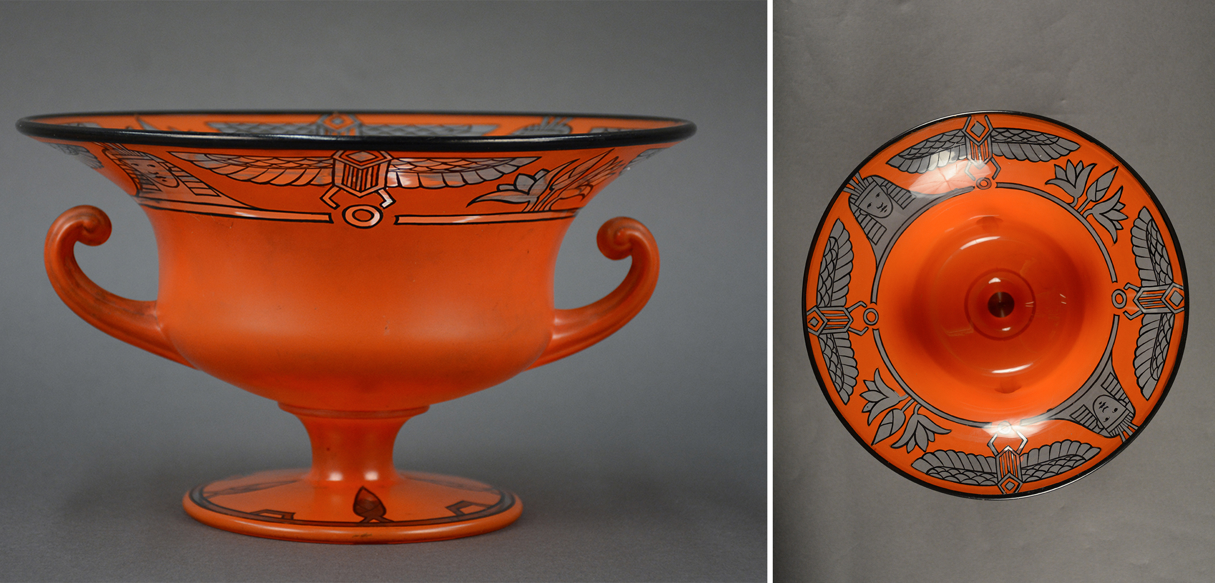 Egyptian Revival compote, c. 1924. Orange painted colorless glass compote with ancient Egyptian style decoration. Made by Tiffin Glass Co., then a division of U.S. Glass Co. of Pittsburgh. Currently on display in Glass: Shattering Notions. Heinz History Center Collection.