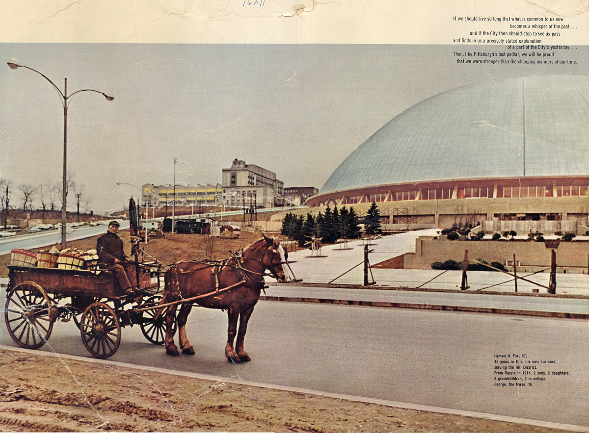 Pittsburgh Press Roto photograph of peddler Hyman Fox in front of the Civic Arena. Hyman Fox Papers, Detre Library & Archives at the History Center.