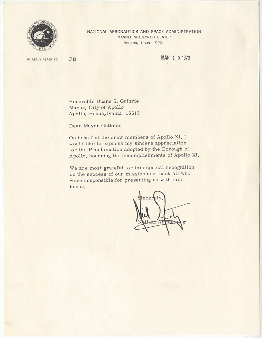 Neil Armstrong letter thanking the mayor of Apollo for Apollo 11 Proclamation, 1970.