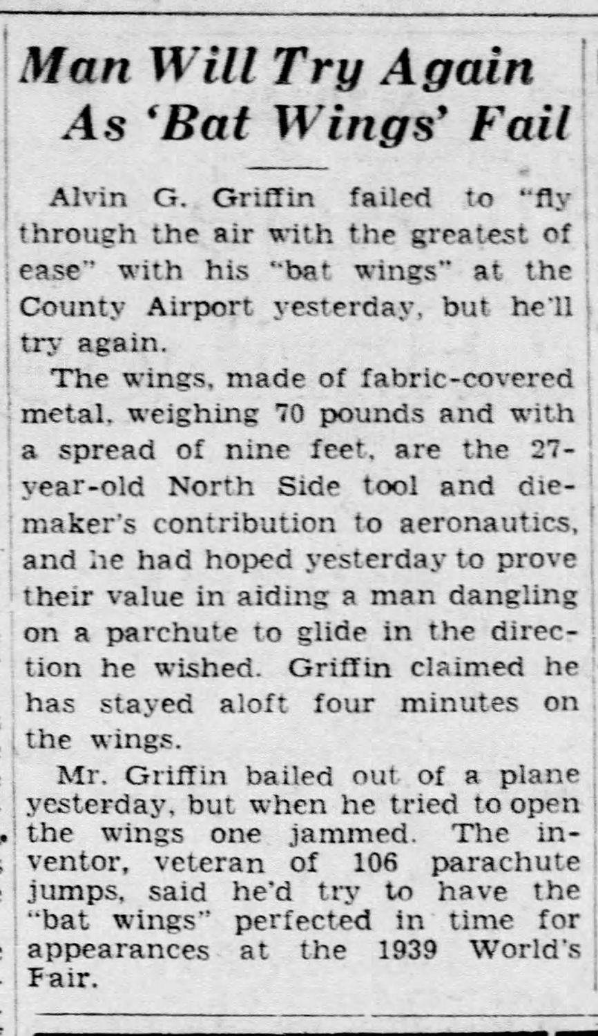 “Man Will Try Again As “Bat Wings” Fail,” The Pittsburgh Press, June 1, 1938.
