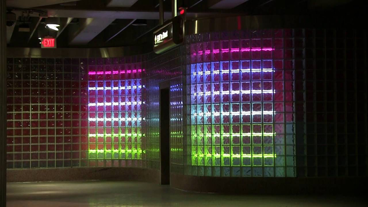 Jane Haskell, River of Light, Steel Plaza T station installation, 1985. Photo: 2015. Courtesy of the Office of Public Art, Allegheny County.