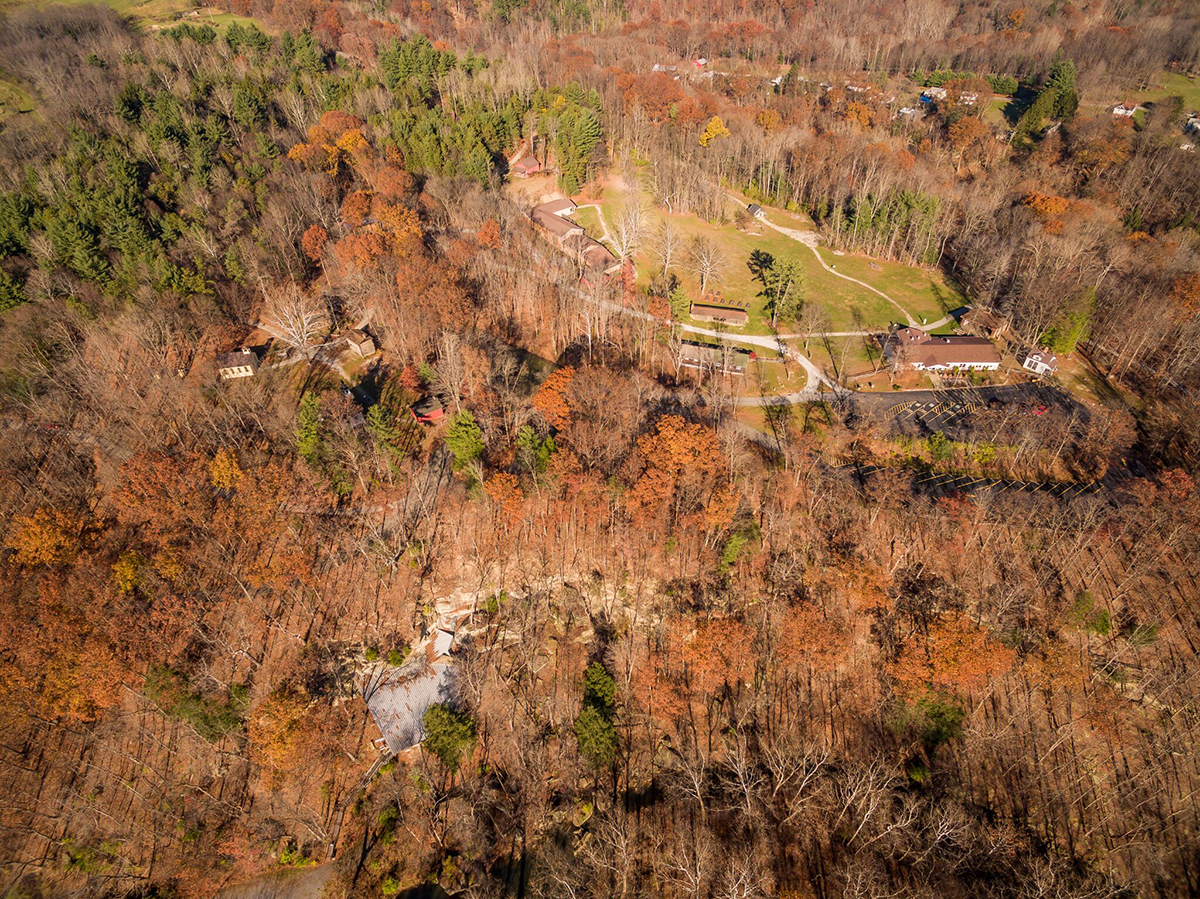 An aerial view of Meadowcroft Rockshelter and Historic Village.